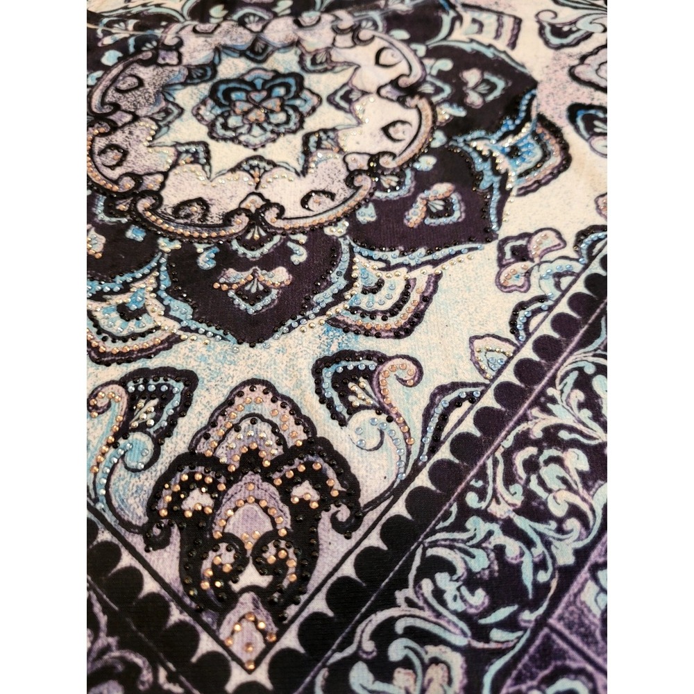 Chicos Medallion Print Rhinestone Draped Tulip Hem Top Purple Blue Size 2 Large - Picture 2 of 7